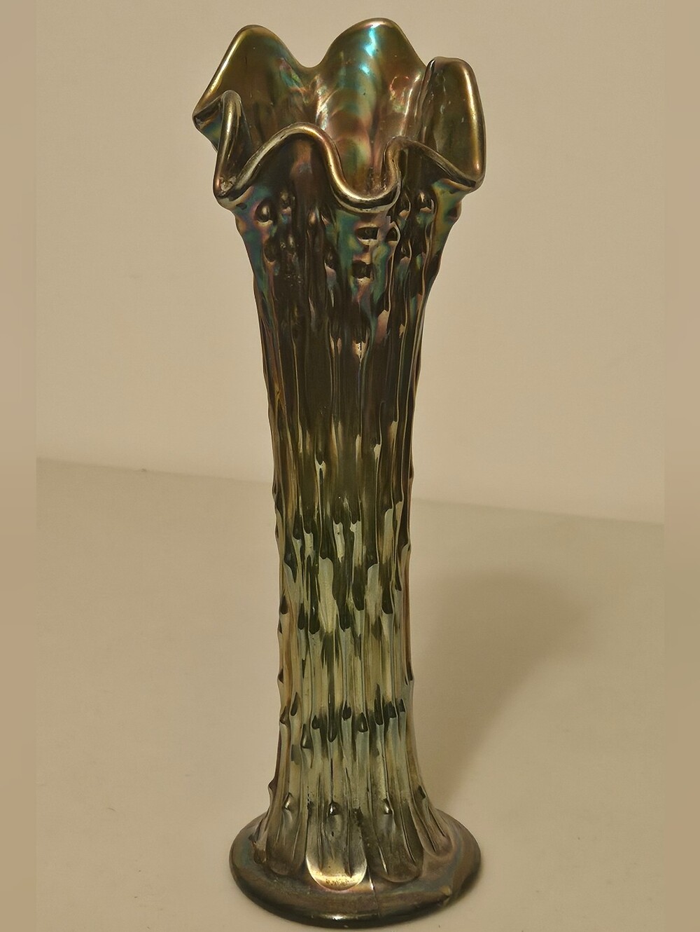 Antique Vintage Fenton Green Carnival Glass April Showers Vase 11.5"